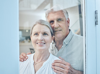 Image showing Senior couple, retirement future and window vision for thinking, love and care in Australia home. Happy, elderly and old people, woman and man in house, hope and lifestyle, dream and opportunity idea