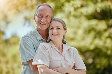 Image showing Happy, love and portrait of old couple in park for retirement, smile and hug in nature. Peace, wellness and health with old man and woman in countryside for calm, lifestyle and marriage milestone