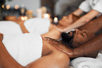 Image showing Black man, spa and body massage for couple wellness, relax therapy and skincare treatment. Salon therapist touch muscle, reflexology and healing of sleeping african guy on bed, stress relief and zen