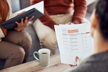 Image showing Couple, finance advisor and documents in house living room or home for debt planning, taxes or mortgage loan support. Women, man and financial paper in audit, bad investment and insurance management