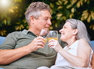 Image showing Senior, couple and toast on vacation with drink, cocktail or juice to relax, romance or bonding in nature. Elderly man, woman and retirement with smile, happy and love with glass in garden together