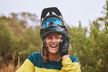 Image showing Phone call, smile and cycling man outdoor calling, talking and mobile speaking with happiness. Happy, sports and bike ride of an athlete in a funny conversation laughing after nature exercise