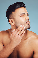 Image showing Skincare, dermatology and model check for acne, clean beard grooming or pimples during facial cleaning routine. Cosmetology healthcare, spa wellness and aesthetic beauty man with self care treatment