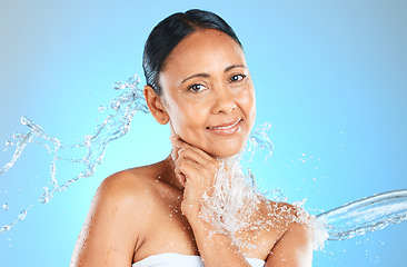 Image showing Beauty, skincare and splash of water with woman for hydration, moisture and shower. Wellness, spa and natural cosmetics with portrait of senior model for clean, luxury and health for anti aging