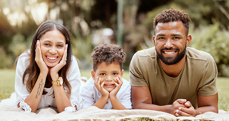 Image showing Garden, happy family and couple with child on blanket in park for summer picnic and family time together. Nature, love and relax on grass, portrait of man, woman and kid with smile enjoying holiday.