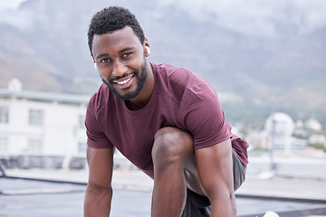 Image showing Black man, music earphones and fitness start for exercise, training or workout in Nigeria city for health, wellness or heart cardio. Portrait, smile or happy runner listening to motivation podcast