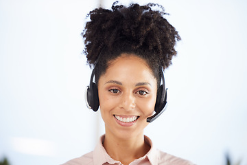 Image showing Call center, customer support and smile with portrait of black woman for telemarketing, ecommerce and consulting. Crm, happy and face of employee with headset for sales, contact us and communication