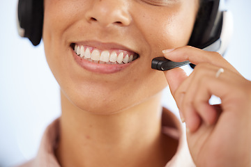 Image showing Call center, happy smile or mouth telemarketing woman working in consultant, sales or a help desk. Contact us, crm and the smile of a woman consulting on customer service or customer support helpline