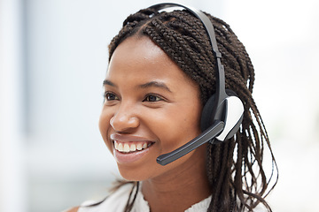 Image showing Call center, black woman and customer service, consulting agency and contact us, help and telemarketing support in office. Happy african consultant face, sales employee and crm communication worker