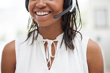 Image showing Mouth, smile and black woman call center, telemarketing operator or consultant and talking on headset for customer service. Zoom in of happy female worker smile in contact us and crm support company