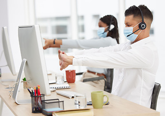 Image showing Covid, call center and customer service team stretching for health and wellness after finish or task complete. Contact us, covid 19 and sales agents or employees relaxing with hand stretch in office