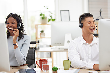 Image showing Happy, call center and team working in customer support, contact us and online help for ecommerce in office. Crm, telemarketing and smile by black woman and man consultant excited by customer service