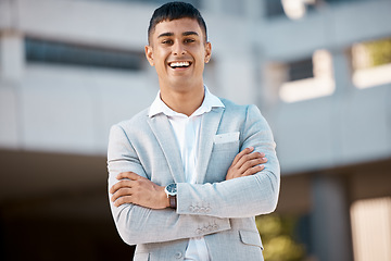 Image showing Happy, portrait and proud business man in a city, excited about vision for future and startup goal. Happy, entrepreneur with a positive mindset, standing in power and enjoying his career in London