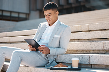 Image showing Tablet, stairs and business man on coffee break reading news, corporate email or give feedback on social media app. Breakfast croissant, lunch time or relax trading expert review stock market data