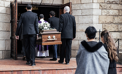 Image showing Death, funeral and people with coffin to church, chapel service and ceremony for temple ritual. RIP, mourning and burial of dead in casket, respect or christian religion, memorial and grieving family