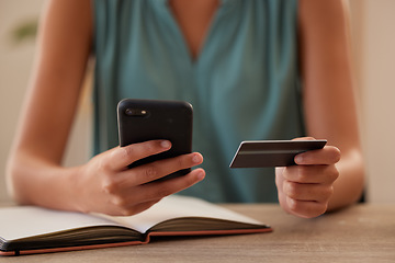 Image showing Woman, hands and phone in ecommerce with credit card for online purchase, transaction or shopping at home. Female hand holding smartphone and card for internet banking app or online shopping indoors