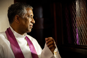 Image showing Religion, church and priest in confession booth listening to people confess, share and speak about their sins, mistakes and ask forgiveness. Christianity, catholic tradition and man ready to listen