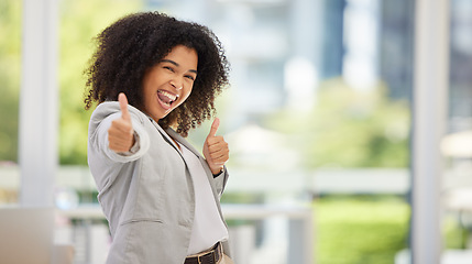 Image showing Business thumbs up, happy and black woman excited with high energy, crazy and thumbsup for marketing success or growth. Yes, corporate motivation and young employee with emoji hands sign for good job