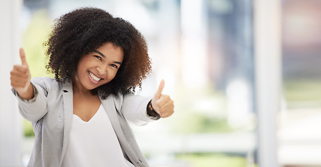 Image showing Thumbs up, success and business girl excited with achievement of goals, startup company growth or job venture. Mockup emoji hands sign, positive feedback and black woman with energy and yes gesture