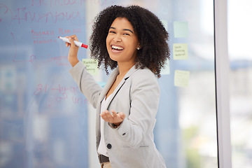 Image showing Black woman, leader and smile for coaching with sticky notes in meeting, question or workshop training at the office. Portrait of happy African American female business manager in post it planning