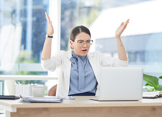 Image showing Glitch, error and business woman on laptop in office with internet delay or mistake. 404, computer crash and angry, stressed or frustrated female with anxiety, pc failure or online hack and info loss