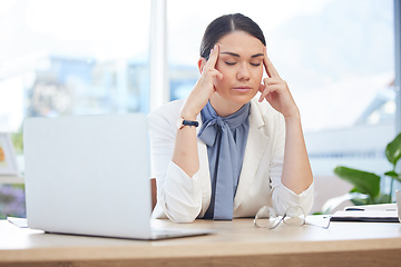 Image showing Stress, headache or anxiety for business woman in laptop glitch, 404 hack or digital data breach in creative office. Mental health, burnout or pressure from mistake on technology in marketing company