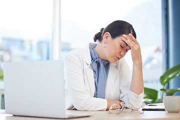 Image showing Burnout, stress and business woman at laptop and tired with headache from eye strain, overworked and compliance. Mental health, exhausted and anxiety with employee at desk with pain, fatigue and fail