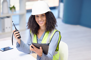 Image showing Engineer, walkie talkie and tablet with a black woman working in logistics, construction or engineering using technology for communication and innovation. Portrait of a manager at her office desk