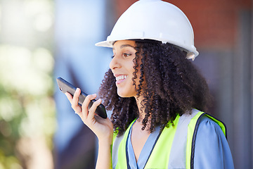 Image showing Construction, black woman and phone call with microphone for voice speaker, audio recording and talking for project management, mobile planning and contact. Building logistics manager on smartphone