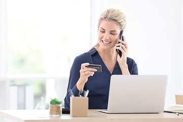 Image showing Woman, call and credit card online payment or bank finance security payment in office. Digital online shopping, ecommerce fintech and businesswoman visa banking on internet phone tech at work desk