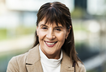 Image showing Senior woman, face and smile for vision, ambition or career success in happiness for working in the city. Portrait of happy elderly female smiling with teeth in joy for successful goals or job plan