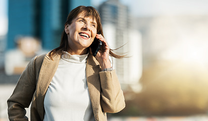 Image showing Phone call communication, flare and senior woman on 5g conversation, discussion and talking to mobile contact. Digital connection, smartphone and elderly person speaking while on travel in urban city