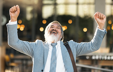 Image showing Senior businessman with success, winning and celebration for bonus, achievement and career goal. Elderly man entrepreneur, corporate worker or professional winner celebrate sale and profit outdoor