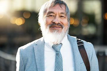 Image showing Smile, portrait and senior Asian businessman standing outdoor by his office building in the city. Happy, face and professional elderly manager from Asia with a positive mindset in an urban town.