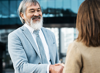 Image showing Meeting, handshake and partnership with asian businessman for global collaboration, b2b or deal. International, contract and thank you with ceo shaking hands for agreement, support and union