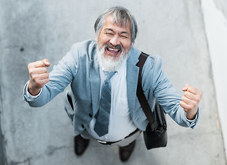 Image showing Elderly asian business man, celebrate retirement in outdoor building or reach financial investment goal in Seoul. Loan payment completed by senior person, bonus profit from pension or winner success