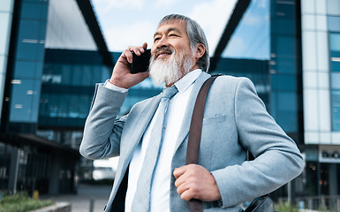 Image showing Phone call, travel or Japan businessman in city with smile for communication, networking or 5g network outdoor. Smile, happy or traveling man with phone, smartphone or tech for contact us in street