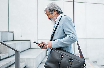 Image showing Businessman in Singapore, phone or travel in city with smartphone for 5g network, communication or social media app search. Happy, employee or manager with smile commute to airport, meeting or office