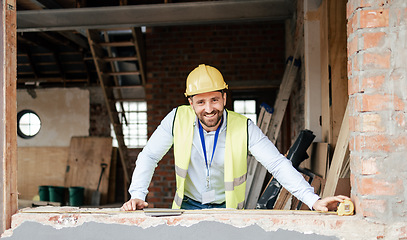 Image showing Architect, building and smile on construction site for project architecture, industrial plan or maintenance safety. Portrait of happy professional engineer or builder working and smiling for contract