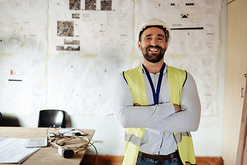 Image showing Engineer, technician or construction worker happy for working in office for construction, architecture and building project. Portrait of a manager with smile for vision, goal and career in engineerin