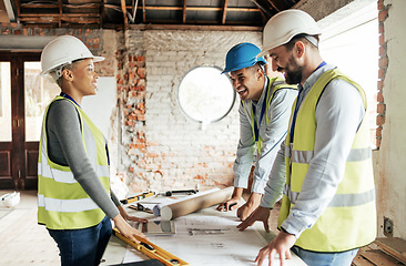 Image showing Construction team planning a building blueprint project on site with collaboration for architect innovation. Architecture, design and engineers with teamwork for successful industrial renovation