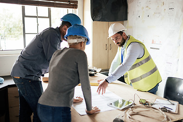 Image showing Construction workers, teamwork collaboration and blueprint planning in house, home or office building. Men, woman and building engineering people with architecture design paper documents for property