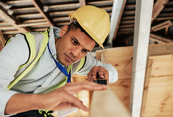 Image showing Wood, tools and carpenter man building project, furniture design or home renovation measure at construction site, workshop or manufacturing. Construction worker, contractor or builder working process