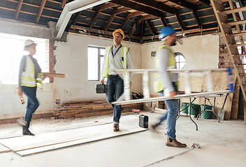 Image showing Construction worker, busy and team working building development, maintenance and property upgrade together. Teamwork, collaboration and handyman with tools on real estate project on construction site