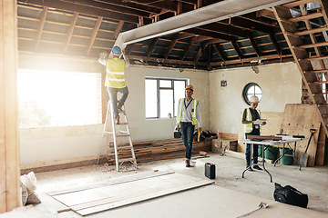 Image showing Teamwork, architecture or construction worker working, planning or collaboration for construction site project, building or home renovation. Engineer, industrial or creative people for development.