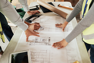 Image showing Architect team planning, hands collaboration and blueprint paper, strategy and building designers working on floor plan. Creative workers with teamwork and architecture design in corporate work table