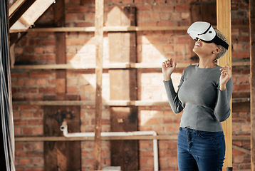 Image showing Virtual reality, metaverse and construction with a woman designer planning a home improvement with technology. Future, ai and 3d with a female architect using a vr headset on a building site