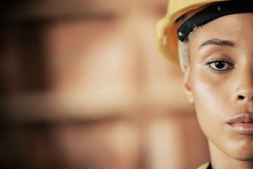 Image showing Portrait, face and construction worker with vision, goal and target for building development, architecture and maintenance on a construction site. Woman architect with hard hat for industrial safety