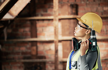 Image showing Woman, electric drill and engineer construction worker in building for wall renovation. Industry professional contractor, engineer and female handyman working with power tools on construction site