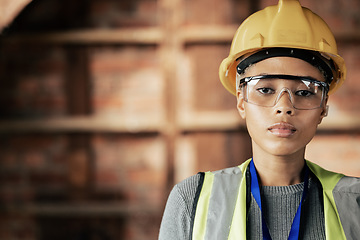 Image showing Portrait of architecture, building and construction worker working on real estate construction project or development site. Maintainance job contractor, urban builder and serious black woman engineer